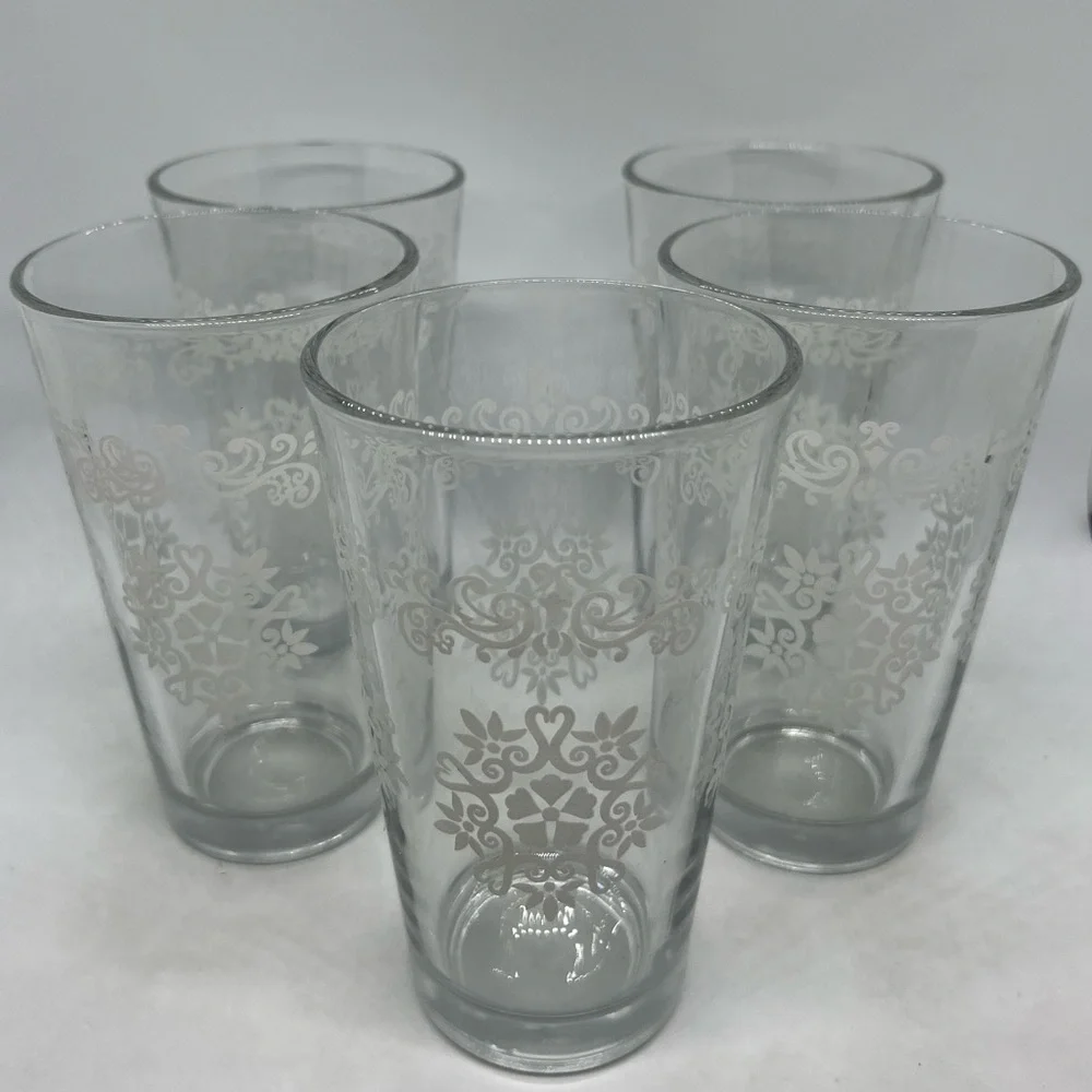 Vintage Set Of 5 Libbey MCM White Medallion Scroll 16oz Glasses